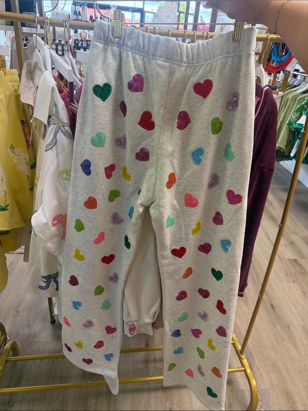 QUEEN OF SPARKLES Gray Sweatpants with Multicolor Heart Appliqués